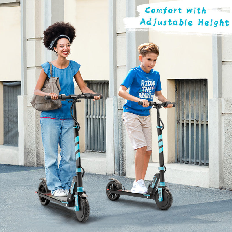 A woman and a boy riding adjustable height electric scooters on a city sidewalk by BaBa Shee