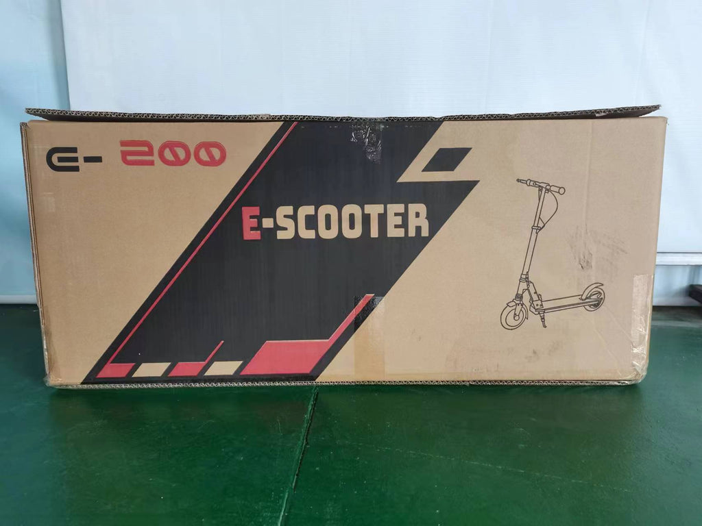 Product packaging box of E-200 kids electric scooter by BaBa Shee