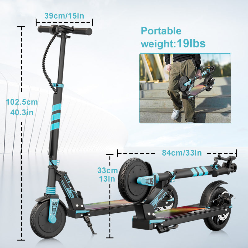 Kids electric scooter size chart and dimensions infographic by BaBa Shee showing portable weight of 19 lbs