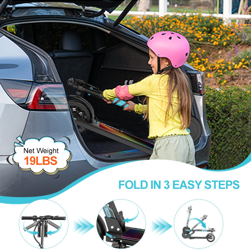 Lightweight 19 lbs foldable kids electric scooter being placed in a car trunk by BaBa Shee