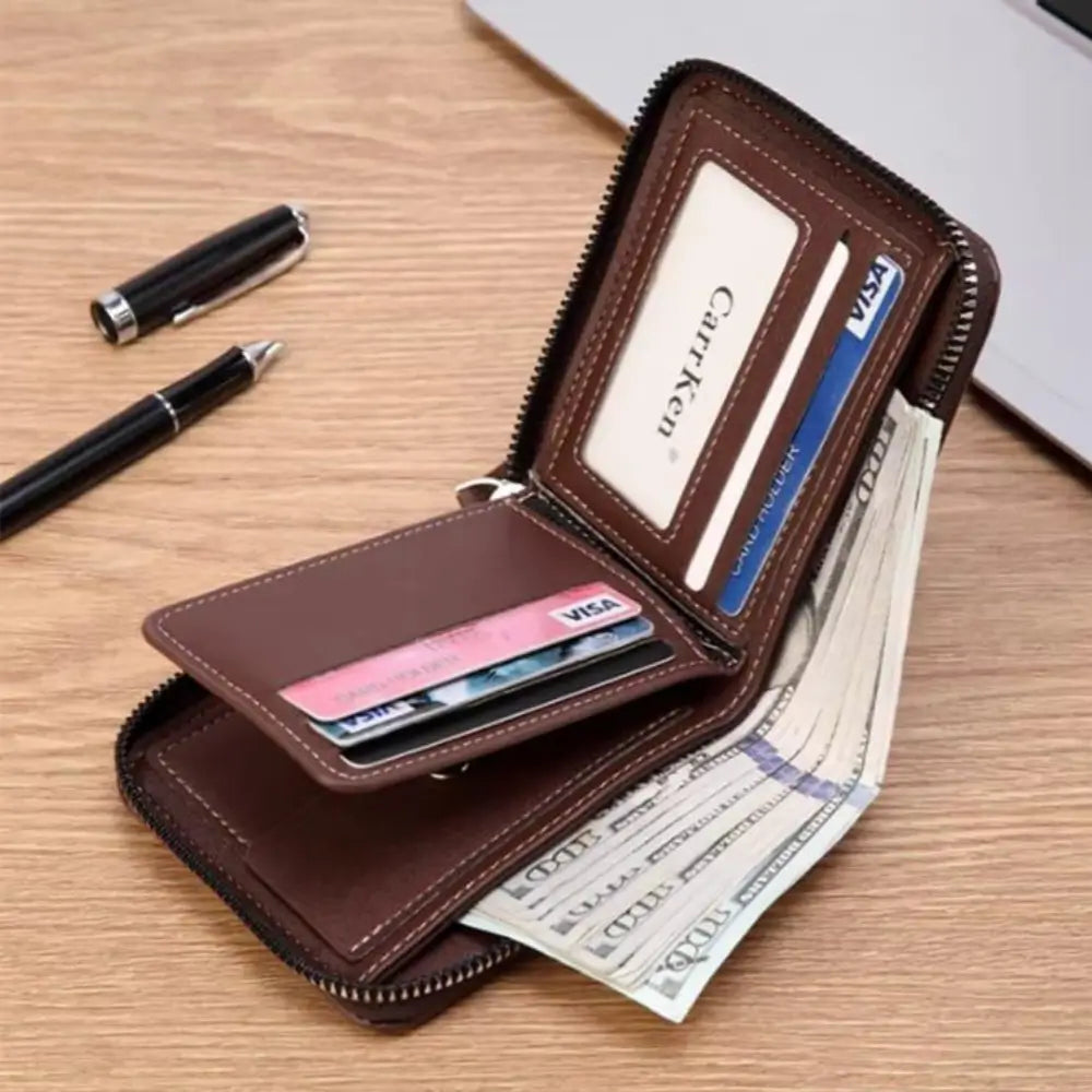 Men's Zipper Leather Wallet with Coin Pocket & ID Window | BaBa Shee