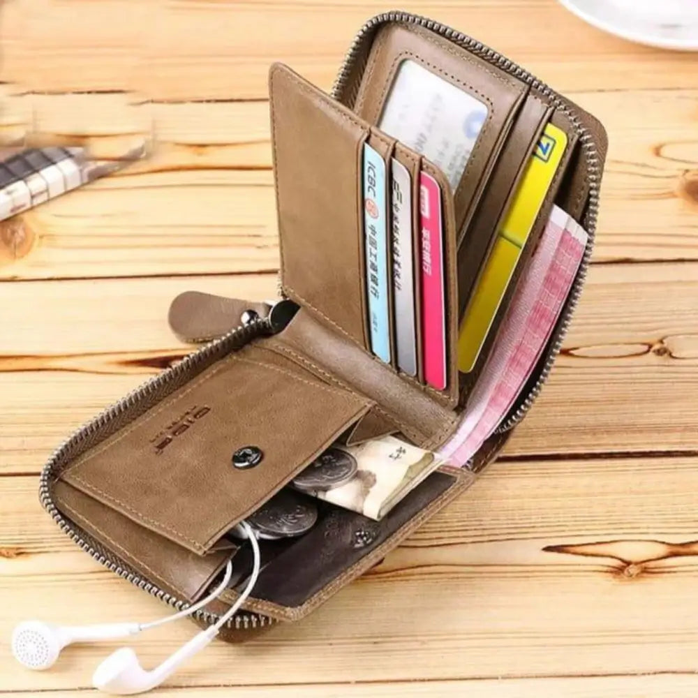 Men's Zipper Leather Wallet with Coin Pocket & ID Window | BaBa Shee