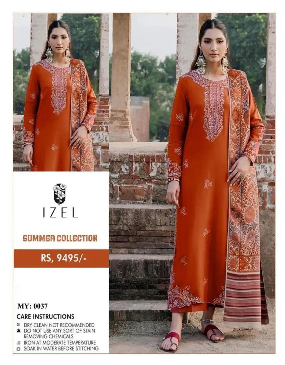 BaBa Shee IZEL Luxury 3-Piece Embroidered Orange Lawn Suit – Premium Embroidered Shirt with Patchwork, Monar Lawn Digital Print Dupatta & Plain Trouser (Unstitched)