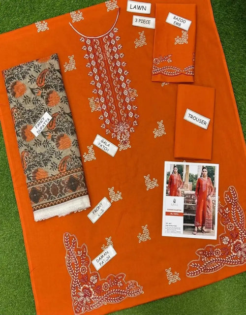BaBa Shee IZEL Luxury 3-Piece Embroidered Orange Lawn Suit – Premium Embroidered Shirt with Patchwork, Monar Lawn Digital Print Dupatta & Plain Trouser (Unstitched)