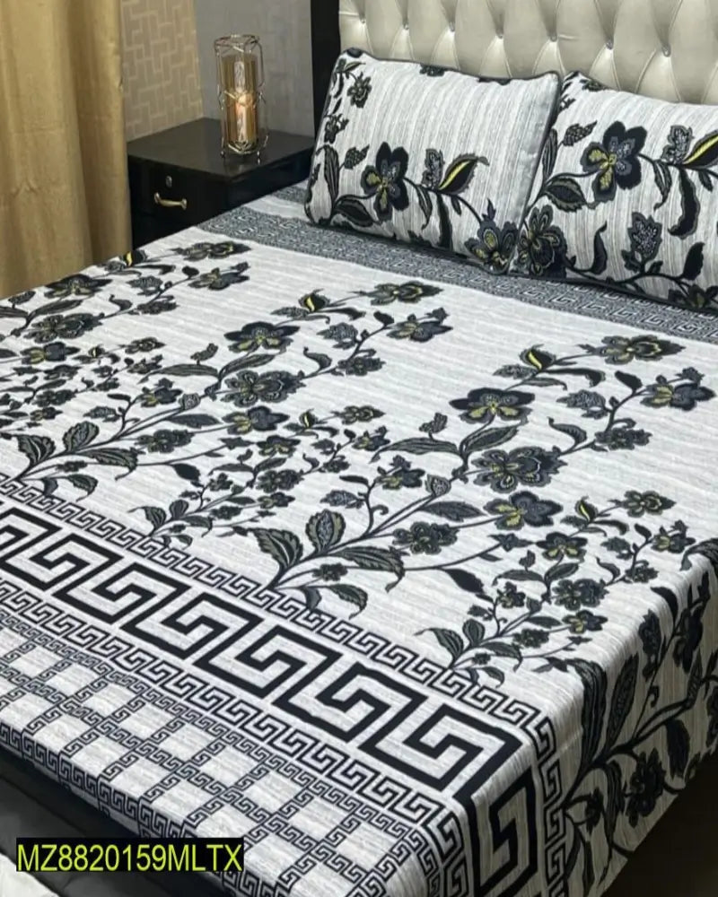 Premium Crystal Cotton Double Bedsheet Set with 2 Pillow Covers (3-Piece) - Elegant Floral Printed Design