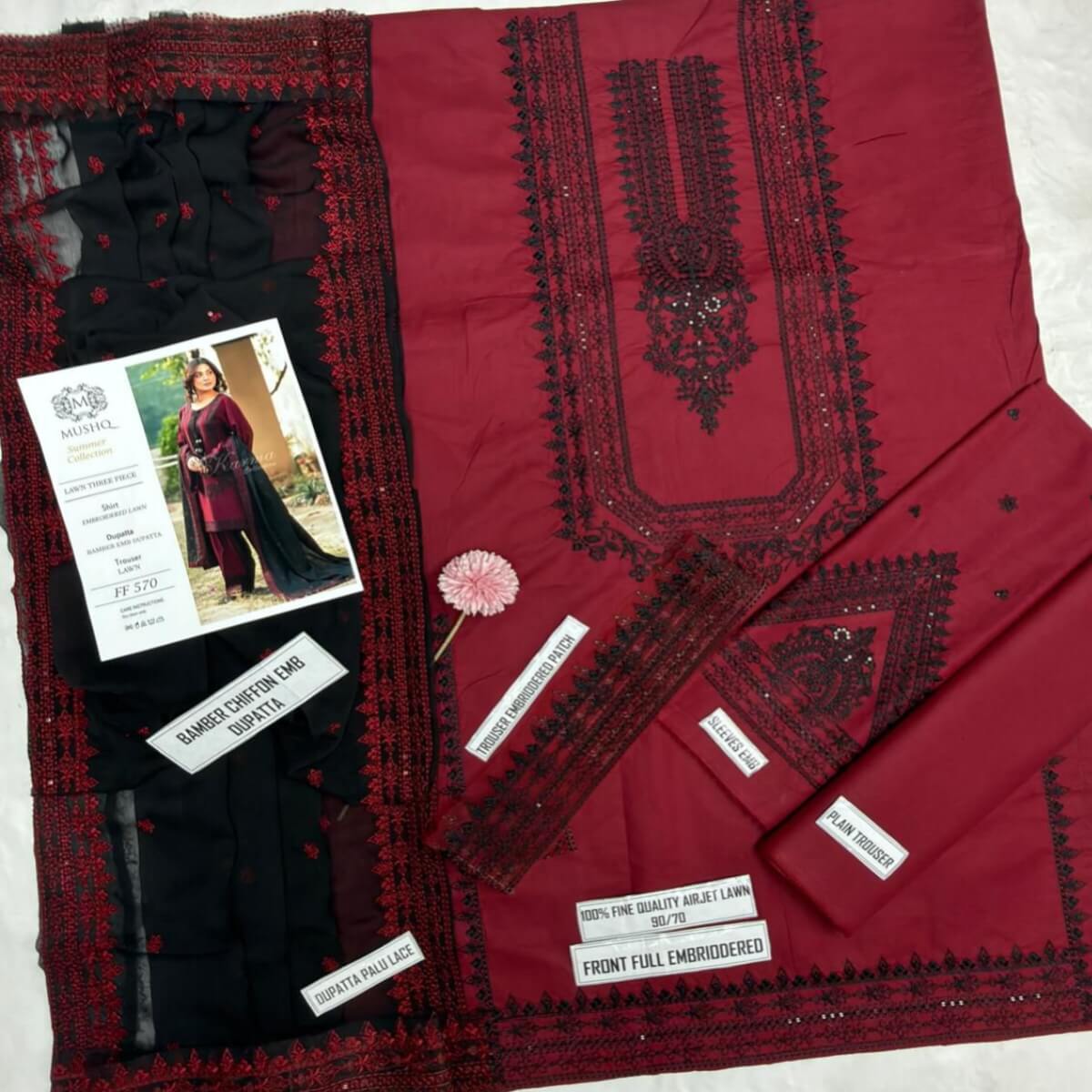 BaBa Shee Luxury Embroidered Airjet Lawn 3-Piece Suit With Chiffon Dupatta – MUSHQ (Summer Collection)