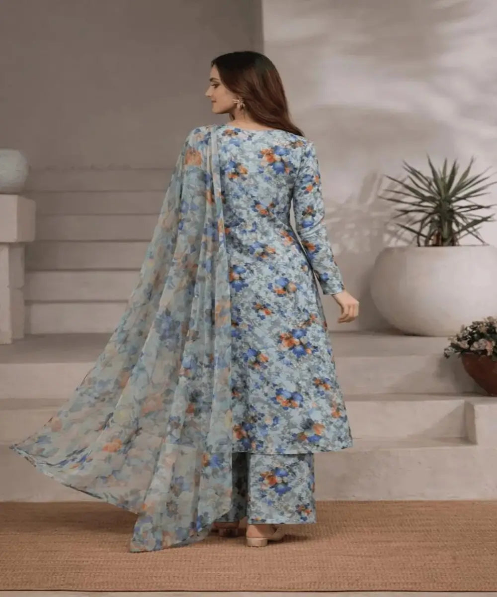 Premium 3-Piece Grey Printed Lawn Suit for Women – Digital Print Shirt with Swiss Lawn Dupatta & Trouser (Unstitched)