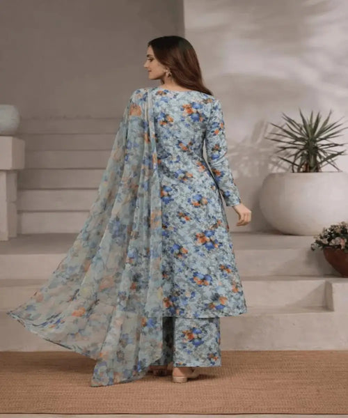 Premium 3-Piece Grey Printed Lawn Suit for Women – Digital Print Shirt with Swiss Lawn Dupatta & Trouser (Unstitched)