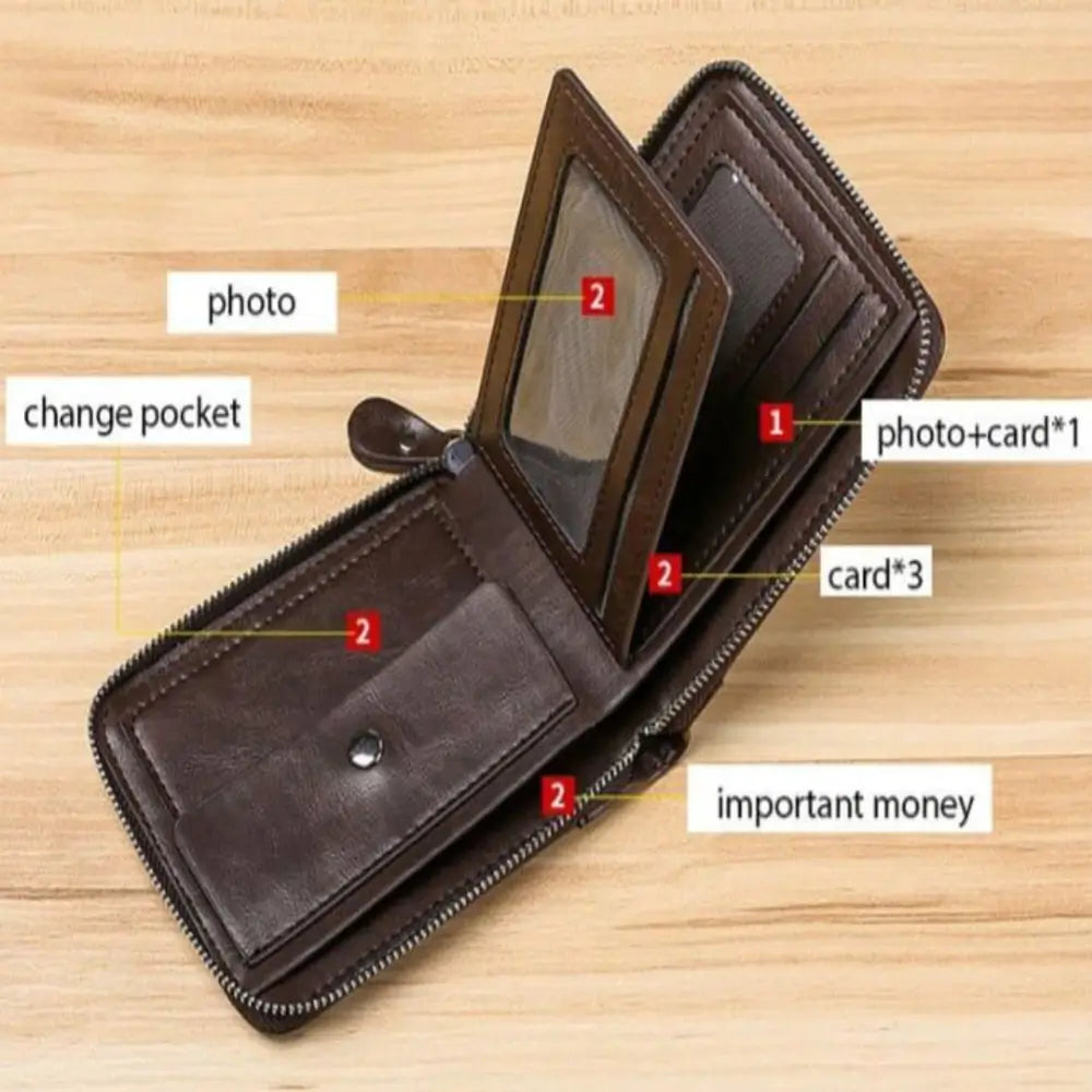 Men's Zipper Leather Wallet with Coin Pocket & ID Window | BaBa Shee