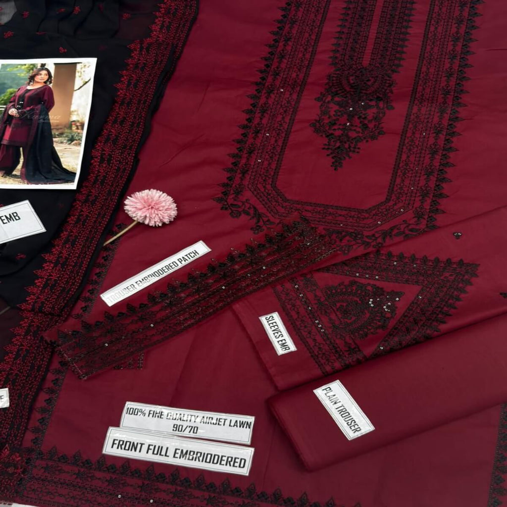 BaBa Shee Luxury Embroidered Airjet Lawn 3-Piece Suit With Chiffon Dupatta – MUSHQ (Summer Collection)
