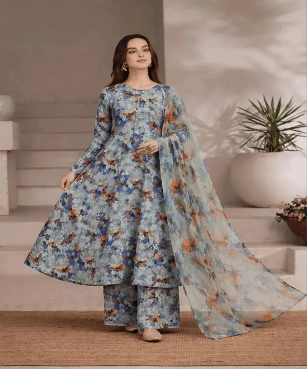 Premium 3-Piece Grey Printed Lawn Suit for Women – Digital Print Shirt with Swiss Lawn Dupatta & Trouser (Unstitched)