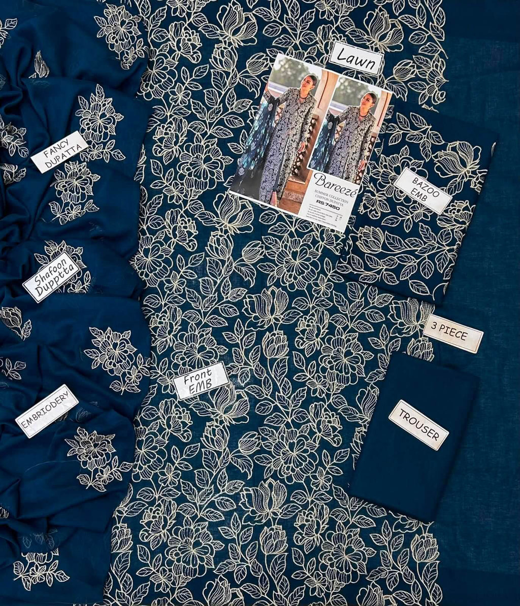 Bareeze Luxury Embroidered Lawn Collection 2026 – 3 Piece Unstitched Suit with Bamber Chiffon Dupatta